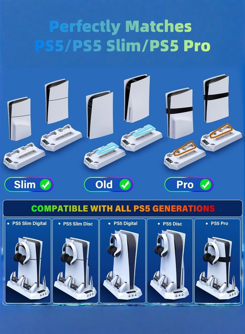 كول رابي حامل تبريد عمودي لجهاز PS5/PS5 Slim/PS5 Pro، محطة تبريد وشحن مزدوجة لوحدات التحكم لجهاز بلايستيشن 5، ملحقات PS5 تتضمن شاحن وحدات التحكم، مروحة تبريد، حامل سماعات الرأس، موزع USB بثلاثة منافذ، لون أبيض. - Image 2